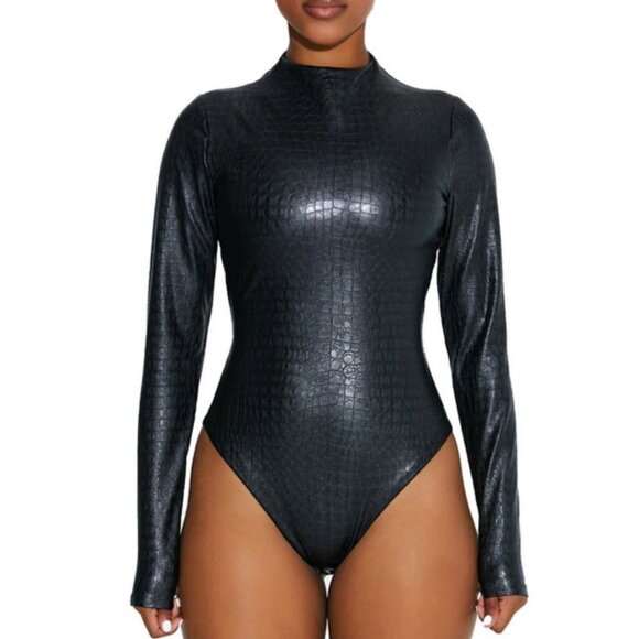 naked wardrobe Tops - New Naked Wardrobe Croc Embossed Faux Leather Bodysuit In Black size M